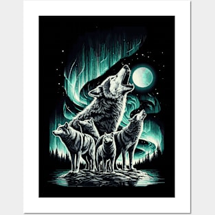 Pack of Wolves Howling Under the Northern Lights in a Stunning Landscape Posters and Art